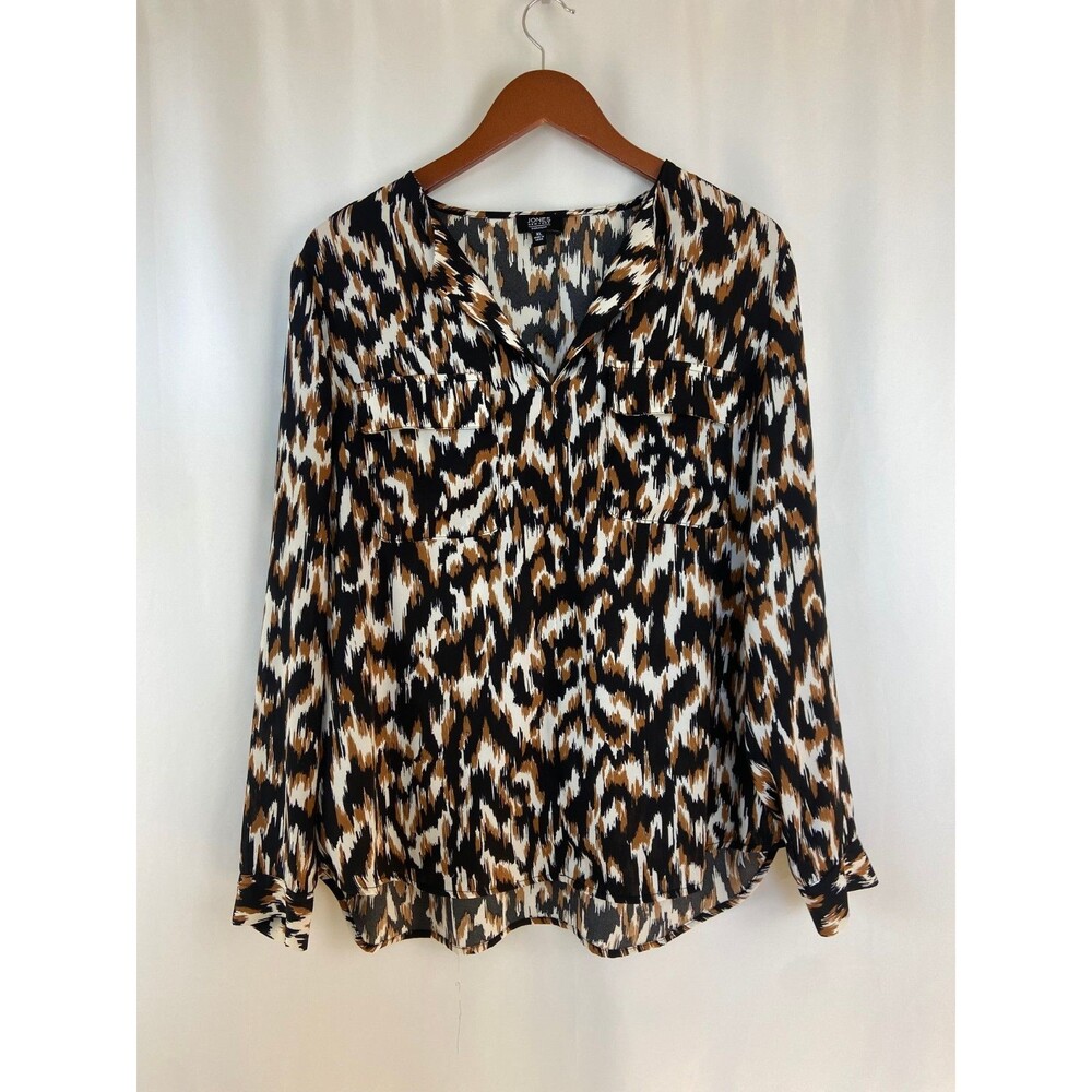 EUC Jones New York Signature XL Blouse Abstract Brown Black Long Sleeve Career